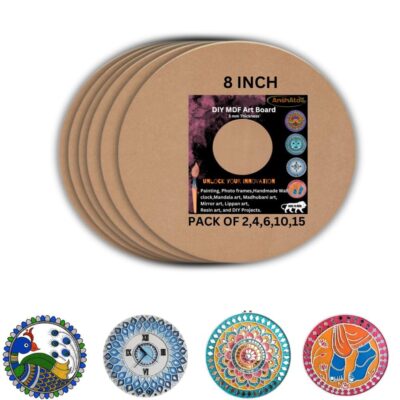 Anshatoz Round Wooden Canvas 8-inch MDF Art Board Sheet 3mm Used for Art, Craft, Painting, Mandala, Resin, Lippan Art, Decoration, Cake Base, Children Creativity DIY Set (Pack of 2)