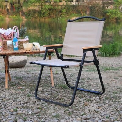 Alloy Steel Portable Foldable Chair for Camping, Travel, Fishing | Ultralight Outdoor Compact Khaki Chair with Armrests | Medium Size Aluminum Frame | Foldable Picnic Chair