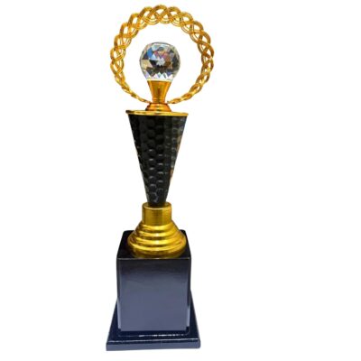 Crystal Diamond Trophy – 14 Inch | Black Metal Cone with Gold Accents | Customizable Award Trophy