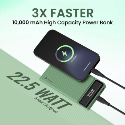 Portronics Luxcell B 10K 10000 mAh Power Bank | 22.5 W Fast Charging | Type-C PD Input/Output | USB-A Output | Ultra-Slim & Lightweight – Green