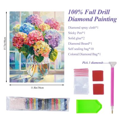 HASTHIP® Diamond Painting Kits for Adults, Color Hydrangea 5D Diamond Art Kits for Beginner Kids DIY Full Drill Diamond Dots Crystal Craft Kits for Home Wall Decor Gifts, No Frame 12x16 inch