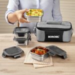 Borosil Feast Stainless Steel Lunch Box with Bag | 4×400 ml Square Containers