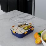 Darkpyro 3-Compartment Stainless Steel Lunch Box | 750 ml | Leak-Proof, BPA-Free Tiffin Box for School, Office & Gym | Four-Side Lock, Thermal Base (Blue)