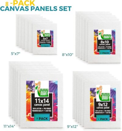 ArtRIght Cotton Canvas Board for Oil Acrylic Painting Set (2X(5x7, 8x10, 9x12, 10x14) Multi Pack, Primed White Blank- Artist Canvas Boards for Painting, ((Total 8 PC (2X(5x7, 8x10, 9x12, 10x14)))