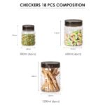 CELLO Checkers PET Canister Set of 18 (300ml x 6, 650ml x 6, 1200ml x 6) | Transparent | Food-Grade | Airtight | Stackable Storage Containers for Grains, Pulses, Spices, Cereals, Cookies & Dry Fruits