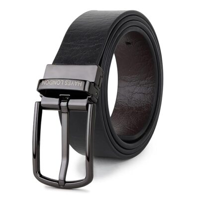 HAYES LONDON Men’s Genuine Leather Belt | Italian Leather | Classic Formal Belt with Curved Metal Buckle