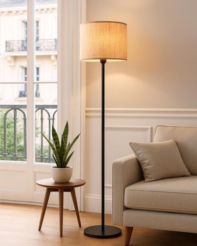Decorative Modern Antique Industrial Vintage Minimalist Standing Lamp with Beige Shade & Footswitch