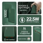 Hammer Ultra Charge 10000 mAh Power Bank | 22.5 W Fast Charging | 20 W PD | Triple Output & Dual Input Ports | Smart Protection | Made in India – Green