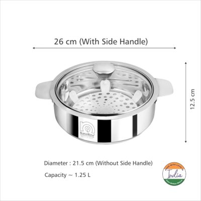 NanoNine Chapati Pot Double-Wall Insulated Stainless Steel Casserole with Glass Lid (1250 ml) | Serve-Fresh Roti Box | Hot Pot for Kitchen | Food-Grade & Easy to Carry