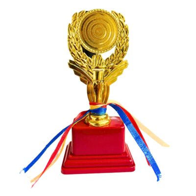 Sports Trophy Set with Gold Laurel Medal Top – 5.5 Inch, Red Base & Ribbon (Set of 3)