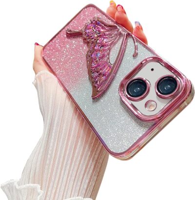 Mobistyle Glitter Butterfly Electroplated Case for iPhone 15 Plus (Pink)