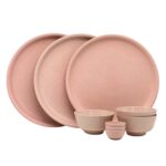 Happy Cove Eco-Friendly Dinner Set – 9 Pcs | Rice Husk & Bamboo Fibre | Microwave Safe (Chroma Pink)