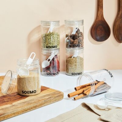 Amazon Brand – Solimo Plastic Storage Jar & Container Set with Spoon | Airtight & BPA-Free | Multipurpose Kitchen Containers | 300 ml Each | Set of 6 | Transparent, Stackable, Food-Grade Jars