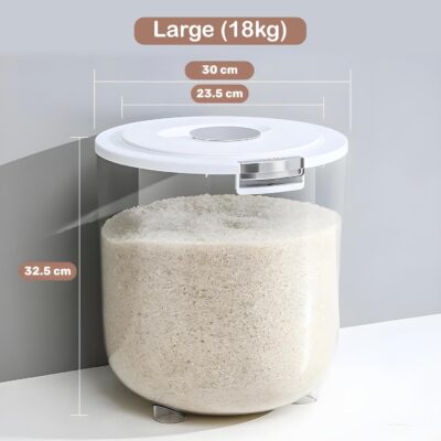 Homero Airtight Rice Container 18 kg | Large Grain & Pulses Storage Jar with One-Click Lid | Transparent, BPA-Free, Moisture-Proof Food-Grade Plastic Box with Insect-Repellent Compartment & Measuring Cup
