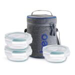 Treo by Milton All Fresh Borosilicate Glass Lunch Box Set of 3, Clear, 400 ml Each with Durable Lunch Bag, Microwave & Dishwasher Safe, Leakproof Containers, Office Tiffin