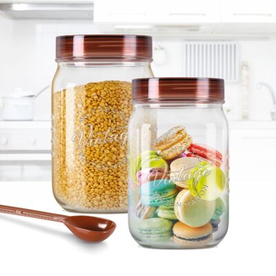 MILTON Vintage Airtight Containers with Spoons | Set of 2 (1.5 L each) | Transparent, Stackable, Food-Grade Plastic Jars for Kitchen Storage | Ideal for Tea, Coffee, Sugar, Snacks, Dry Fruits & Pulses