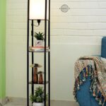 Crosscut Furniture Tower Floor Lamp with 3-Tier Shelves | Modern Wooden Storage & Display Lamp with Washable Fabric Shade (Cotton White, LED Compatible)