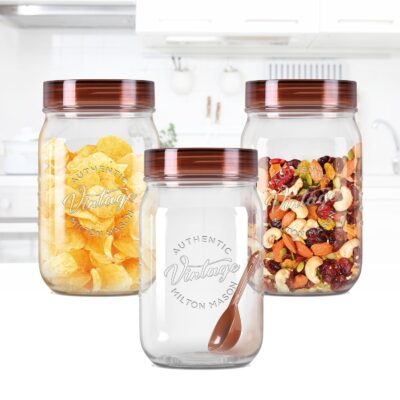 MILTON Vintage Airtight Containers with Spoons | Set of 3 (750 ml each) | Transparent, Stackable Food-Grade Plastic Jars for Kitchen Storage | Ideal for Tea, Coffee, Sugar, Dry Fruits & Masalas