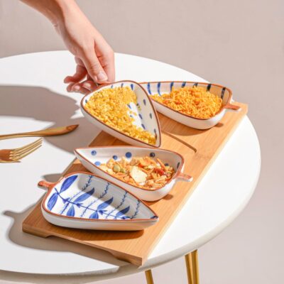 Nestasia Ceramic Serving Platter | 4 Small Leaf-Shaped Plates with 1 Wooden Tray | Perfect for Serving Sweets, Cookies, Dry Fruits, Mouth Freshner & Snacks (Blue & White)