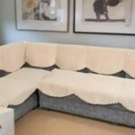 BLUSH & BLOOM 7-Seater L Shape Self Design Velvet Quilted Sofa Cover and Chair Cover, Seat and Back Cover-Cream
