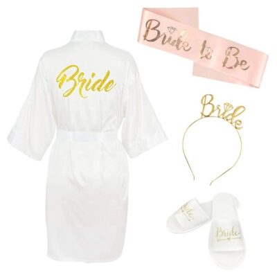 Party Props Bride to Be Decoration Set Combo - 4 Pcs Bachelorette Party Decorations Combo with Bride to Be Bath Robe, Bride to Be Sleepers, Bride to Be Sash and Crown | Bridal Shower Decorations Kit