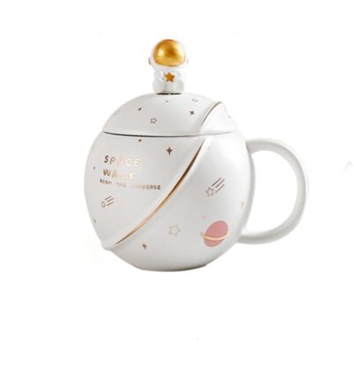 NYRWANA Coffee Mug, Gift for Man, Birthday Present for Brother, Mugs for Present, Diwali Gift, Ceramic Mug, Cute Mugs, Astronaut Planet Coffee Mug with 3D Creative Space, Lid & Spoon (400ml - White)