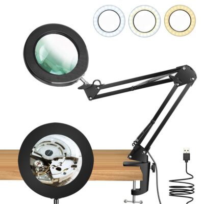10X Desk LED Magnifier with Flexible Arm & 3-Color USB Lighting