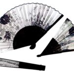 AUM Floral Pattern Handheld Foldable Bamboo Japanese Hand Fan (White & Black-BR) Gift Fan for Girls Women Wedding Favor Theme Party Decoration Stage Shows