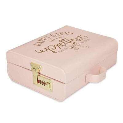 Elan Vintage Style Metal Briefcase Happy Girls Decorative Storage Box with Gold Accents Lockable Treasure Chest Jewelry Box and Gift Trunk for Home Décor Organizer Box for Gifting (Light Pink)