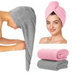 Hair Towel Wrap for Women-Quick Drying Microfiber Towel for Hair with Elastic Loop for Tying-Super Absorbent Head Towels Wrap for Ladies Hair Turban (Pack of 2-Grey & Pink)