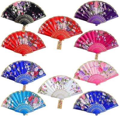 Western Era Floral Handheld Folding Chinese Vintage Fan for Girls Women, 15inch*8.2inch (Unfolded), 9inch (Folded), Multicolor, Silk, Plastic, Vintage Design, Multipurpose Use