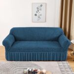 Lukzer 320 GSM Stretchable 3Seater Turkish Sofa Cover Universal Couch Protector Bubble Fabric with Frill Universal Big Elasticity Slipcover (Teal Blue/SC-103-03/210-260cm)