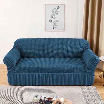 Lukzer 320 GSM Stretchable 3Seater Turkish Sofa Cover Universal Couch Protector Bubble Fabric with Frill Universal Big Elasticity Slipcover (Teal Blue/SC-103-03/210-260cm)