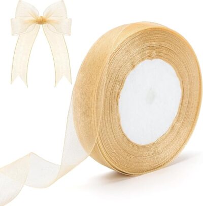 Premium 1 Inch x 50 Yard Sheer Organza Ribbon Roll | Tulle Fabric Bulk Spool for Gift Wrapping, Bouquet Decor, Wedding Invitations, & DIY Craft Projects (Champagne Gold, 1 Pack)