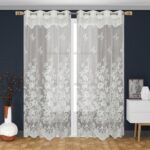 Polyester Fabric Floral Net Semi Transparent Sheer Curtains for Living Room | Set of 2 Soft Polyetster Curtains with Eyelet Ring Top for Bedroom, Door and Windows (White, 4x7 Feet (Doors))