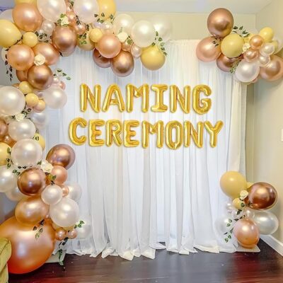 Naming Ceremony Decoration Kit, Gold Letter Balloons, Rose Gold and Pastel Balloon Arch Set with Curtain Backdrop, Green Vine Garland