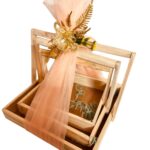 Vayu Art & Crafts Set of 3 Square Pinewood Hamper Gift Handle Basket, with Decoration Net & Flowers, Festival Gift Hamper, Wooden Gift Hamper Basket, Combo/Pack of 3