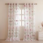 HOMEMONDE Cotton Sheer Curtains for Door Sun Light Filtering Linen Textured Curtain Set of 2, Pink Floral Printed, Hangs with Eyelets - (L 7FT x W 4.5FT)
