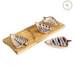 Handpainted Serving Platter | 4 Small Leaf-Shaped Plates with 1 Wooden Tray | Perfect for Serving Sweets, Cookies, Dry Fruits, Mouth Freshner & Snacks | Made in India | Blue & White