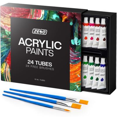 ZENO Acrylic Paint Set – 24 Colors + 3 Brushes