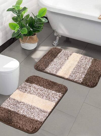 Saral Home Microfiber Striped Anti-Skid Bathmats,35x50cm Pack of 2(Brown)