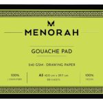MENORAH – A3 Gouache Sketch Book Loose sheets–240 GSM–Gouache SketchPad Glued end – (29.7cm x42.0cm)- 20 Sheets / 40 Pages- Acid Free Sketchbook & Drawing Notebook for Acrylics Gouache Oil Pastels Pencils Fine liners Crayons etc