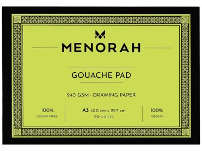 MENORAH – A3 Gouache Sketch Book Loose sheets–240 GSM–Gouache SketchPad Glued end – (29.7cm x42.0cm)- 20 Sheets / 40 Pages- Acid Free Sketchbook & Drawing Notebook for Acrylics Gouache Oil Pastels Pencils Fine liners Crayons etc