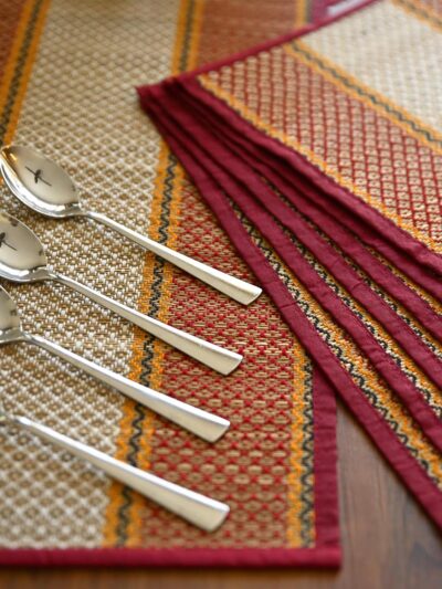 Handmade River Grass Dining Table Mats Set of 6 Pieces & Runner | Heat Resistant Korai Grass Dining Mats | Natural Eco Friendly Madurkathi Placemats for Dining Table | Sangreal Tablemats