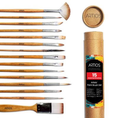 ARTIOS 15-Piece Professional Artist Brush Set with Holder – Acrylic, Watercolor & Gouache