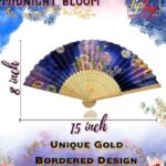 Premium Gold Printed Floral Wooden Hand Held Fan (15 Inch) (Pack Of 1 Piece, Midnight Bloom)