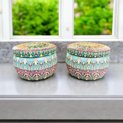 Small Round Tin Boxes For Storage Travel or Decorative Use | Hair Bands Storage Box | Jewellery Box | Gifting/Medicines Organizer | Candle Empty Box (Pack of 2) (Design 4)