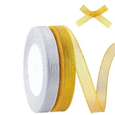 Gift Wrapping Ribbons, 2 Rolls Silver and Gold Ribbon for Decoration, 25 Yards Each, 2cm Wide, Ideal for DIY Crafts, Gift Wrapping, Cake Decorating, and Party Decorations