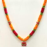 RJ SALES & PROMOTIONS Closely Knitted 23 Inches Red and Yellow Color of Satin Flowers Golden Tissue Lace Mala-Garland Maala for Idols, Photo Frames, Fancy Dress, Marriages Etc.