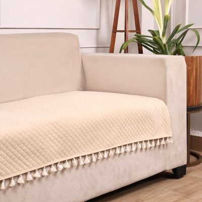 STITCHNEST 3Seater Quilted Velvet Sofa Cover with Tassels | Elegant Beige Sofa Protector for Living Room | Soft, Washable | Perfect for Enhancing Living Room Interiors